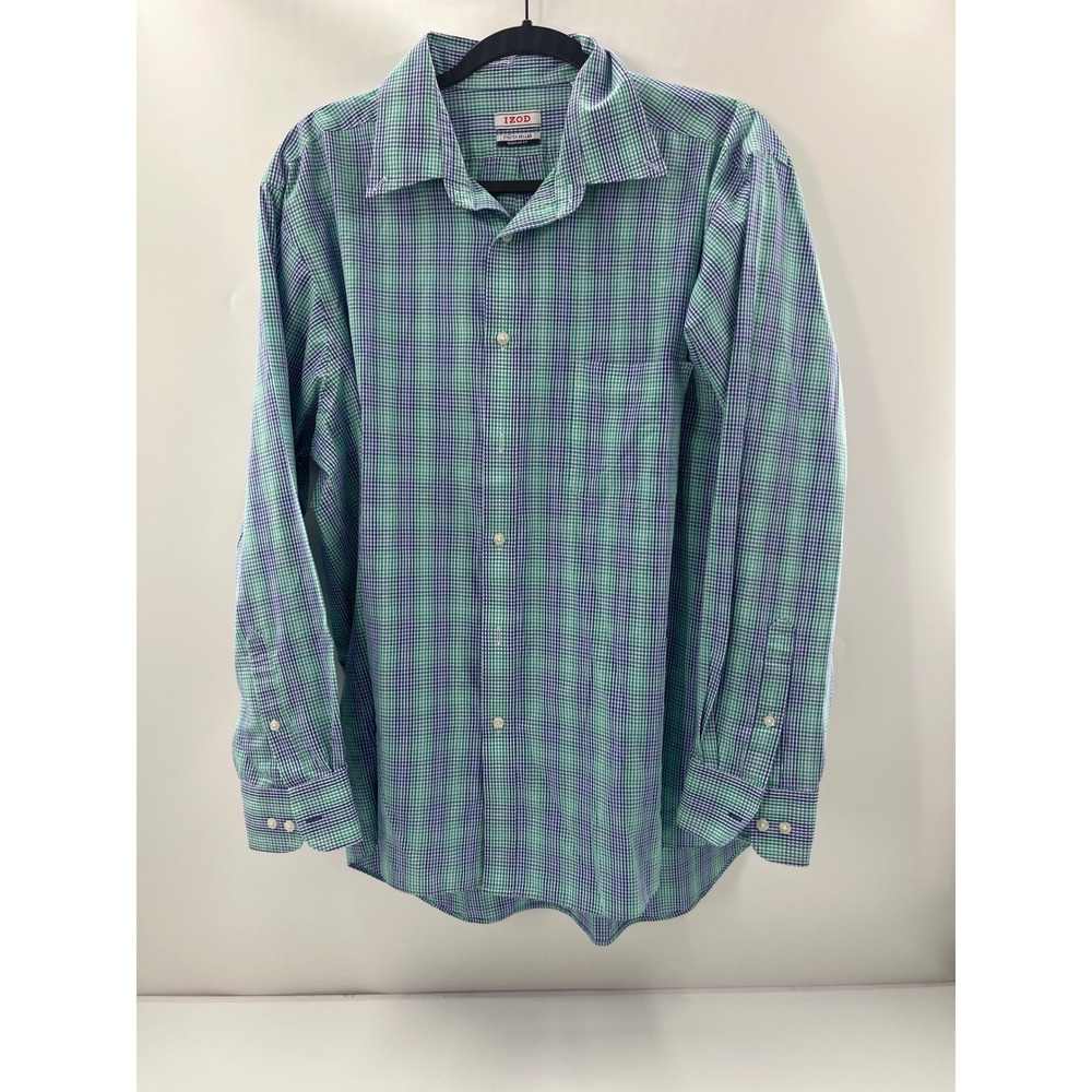 IZOD Mens Regular Fit Stretch Collar Gingham Button Down Shirt Green Blue 17.5